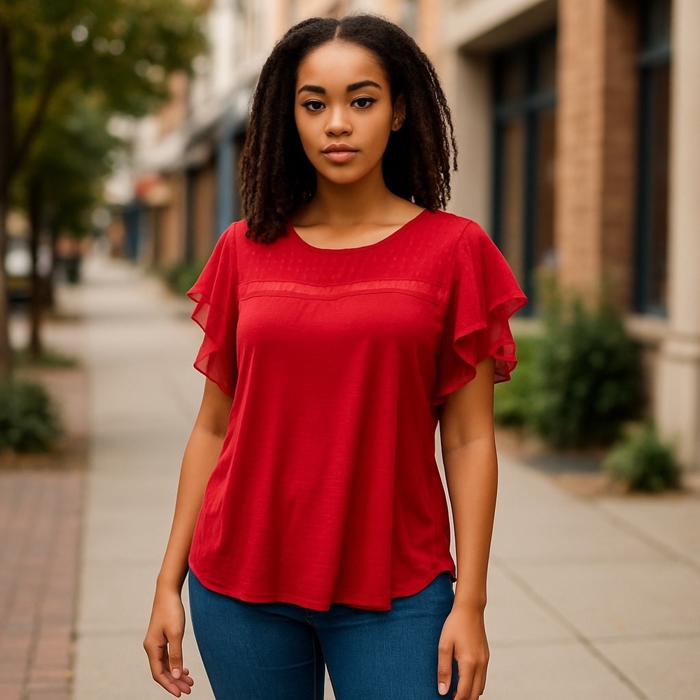 Sara‎ Studio Red Ruffle Sleeve Top Blouse 1X Plus Size Women's
